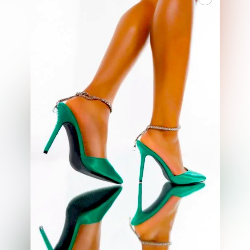 Green Satin and Rhinestone Heels - Picture 3 of 7